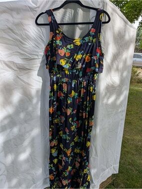 Sleeveless Black Floral Maxi Dress - Yellow & Orange Print